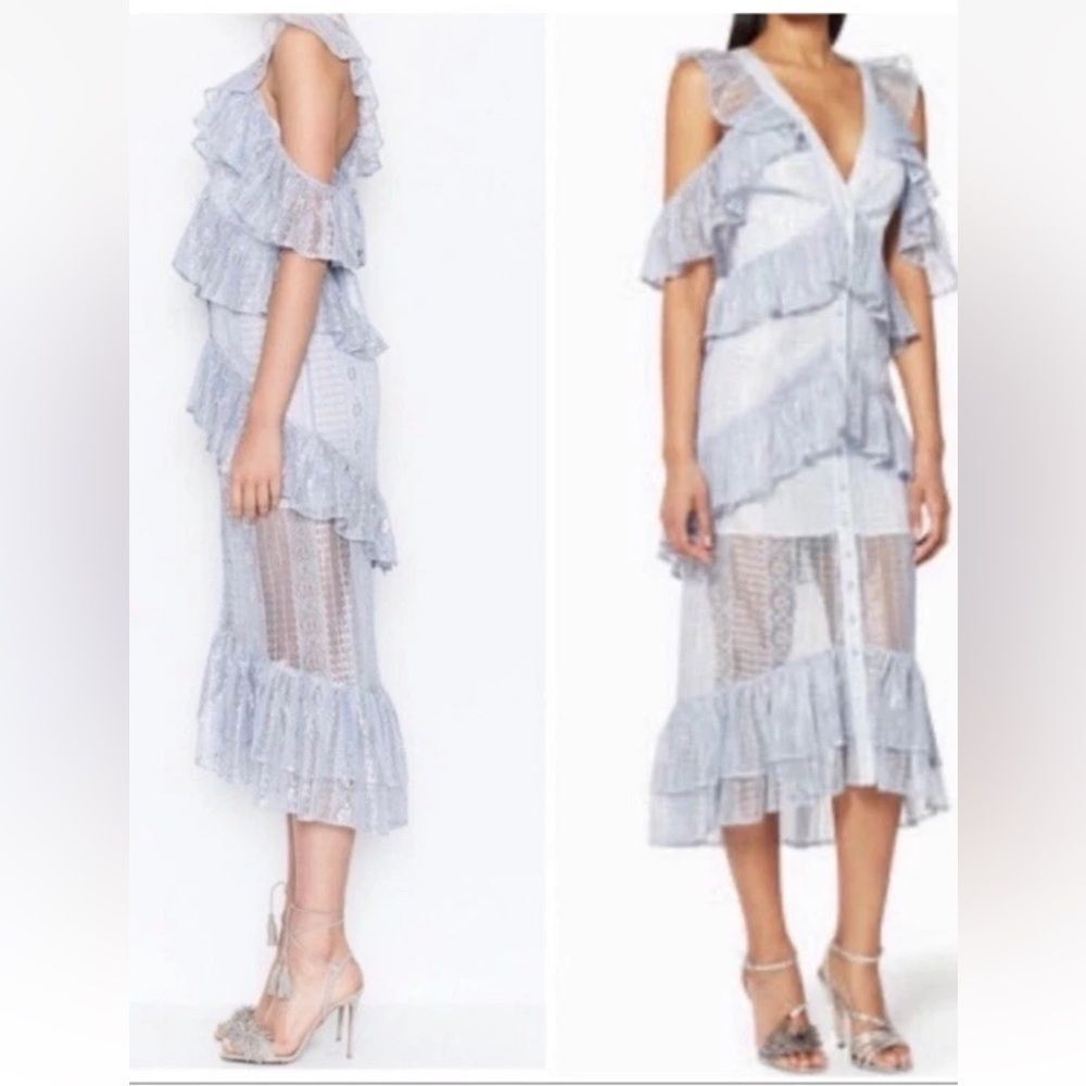 Alice McCall Light Blue Silver Lace Cold-Shoulder Ruffle Midi Dress Sz 2